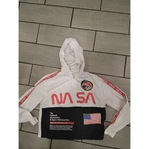 NASA Windbreaker Jacket White Black Red Hooded Zip Up Kennedy Space Center Large